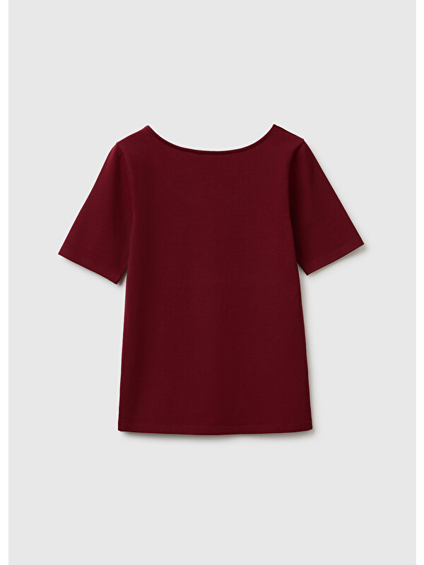 United Colors Of Benetton Kadın Mürdüm Pamuk Karışımlı Örme Slim Fit Geniş Yaka T-Shirt