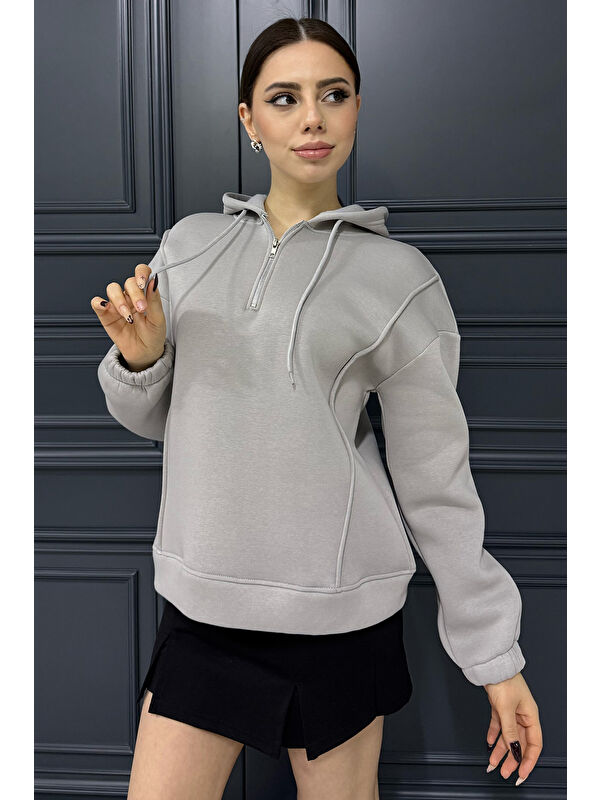 Gülseli Yarım Fermuarlı Üç İplik Şardonlu Kadın Sweatshirt