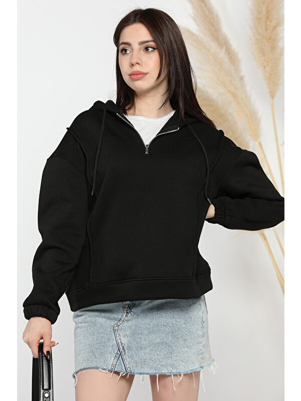 Gülseli Yarım Fermuarlı Üç İplik Şardonlu Kadın Sweatshirt