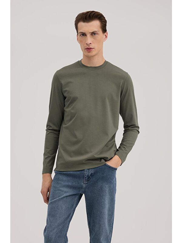 JAKAMEN Haki Slim Fit Bisiklet Yaka Rayon Uzun Kollu Basic T-Shirt