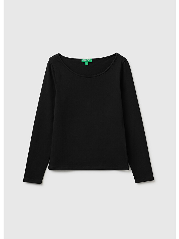 United Colors Of Benetton Kadın Siyah Pamuk Karışımlı Slim Fit Uzun Kollu T-Shirt