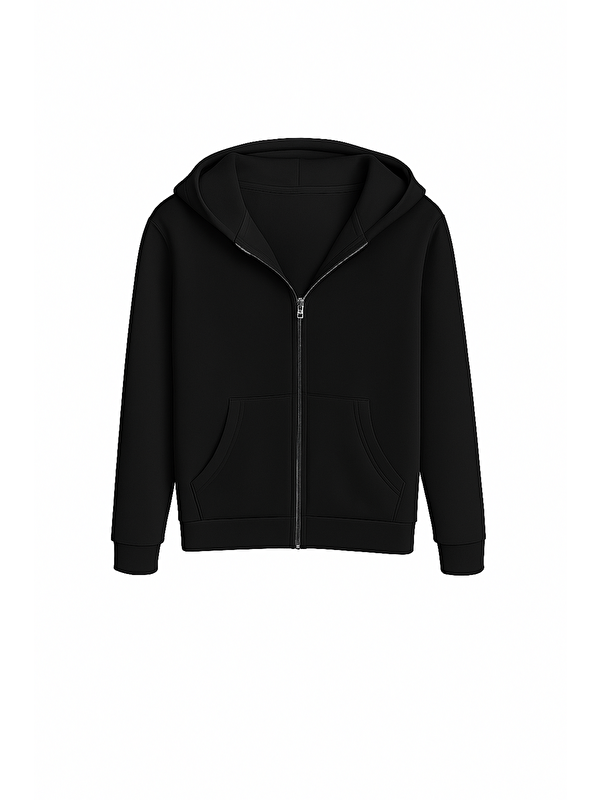 Formo Kadın Siyah 3 İplik Şardonlu Kalın Kışlık Fermuarlı Kapüşonlu Cepli Sweatshirt