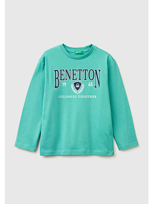 United Colors Of Benetton Erkek Çocuk Önü Logo Baskılı Bisiklet Yaka Uzun Kollu T-Shirt