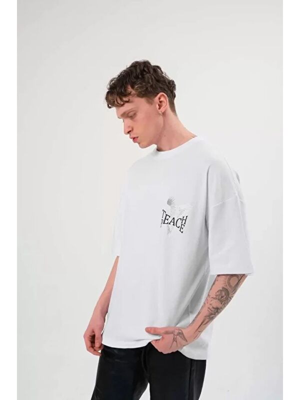 Jane's Unisex Bisiklet Yaka Baskılı Oversize T-Shirt - Beyaz
