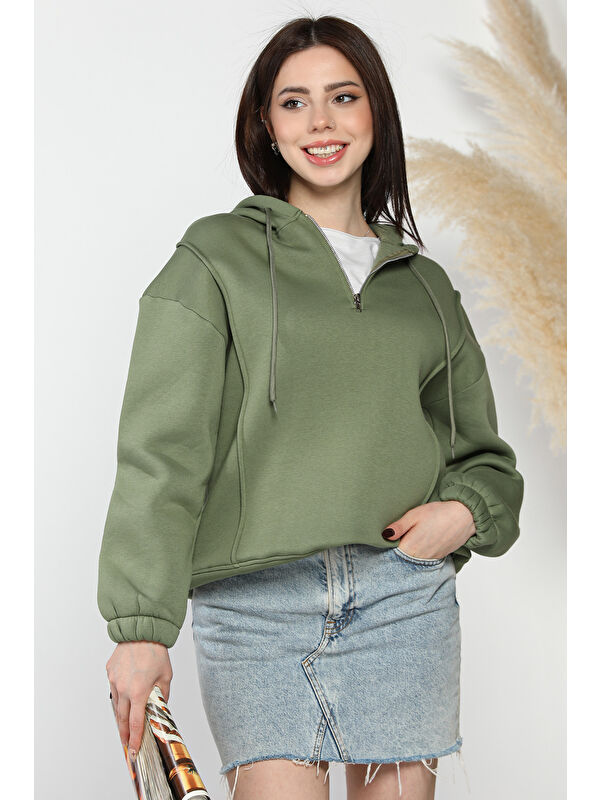 Gülseli Yarım Fermuarlı Üç İplik Şardonlu Kadın Sweatshirt