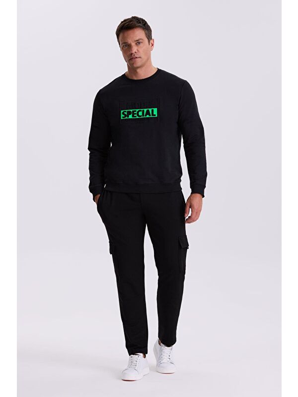 JAKAMEN Siyah Slim Fit Baskılı Bisiklet Yaka %100 Pamuk Sweatshirt