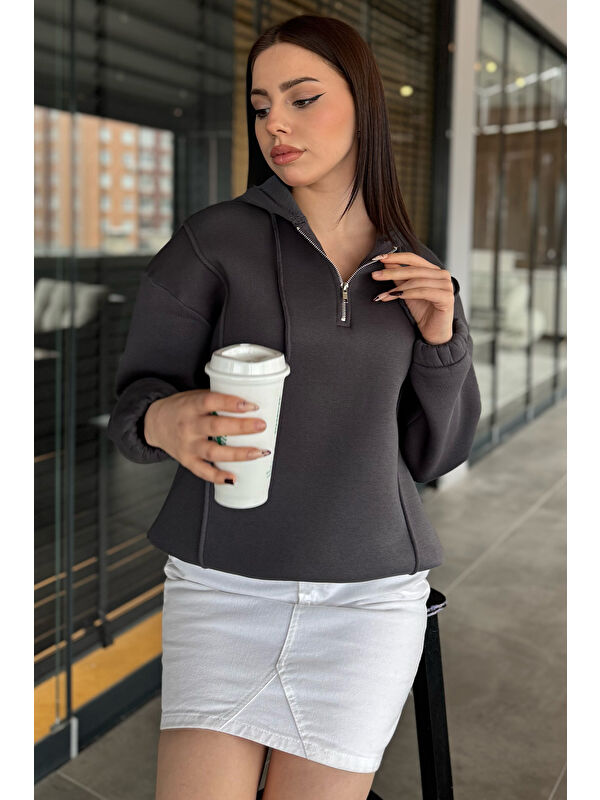 Gülseli Yarım Fermuarlı Üç İplik Şardonlu Kadın Sweatshirt