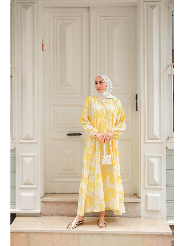 Locco Moda Kadın Karışık Desen Elbise Sarı