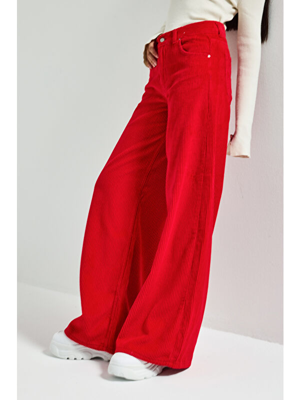 It's Basic Kadın Kırmızı Renk Hera 26w5-19 Palazzo Fit Kalın Fitilli Velvet Kadife Kumaş Pantolon
