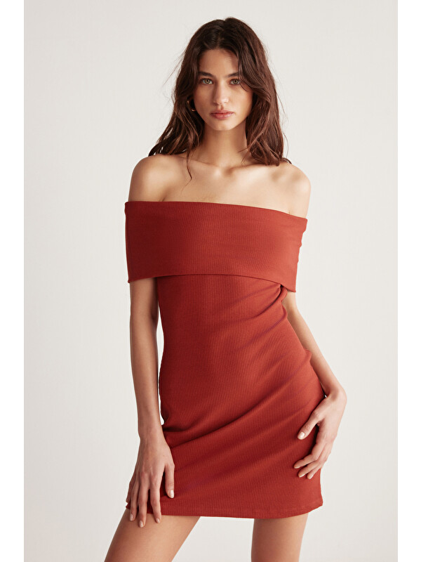 GRIMELANGE JULENE Kadın Esnek Fitilli Kumaşlı Bardot Yaka Bodycon Vücüdu Saran Midi KİREMİT Elbise