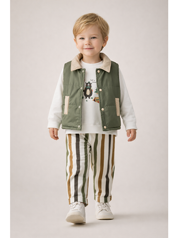 Harika Kids Erkek Çocuk Yelek-Sweatshirt-Çizgili Pantolon 3'lü Takım (2-5 Yaş)