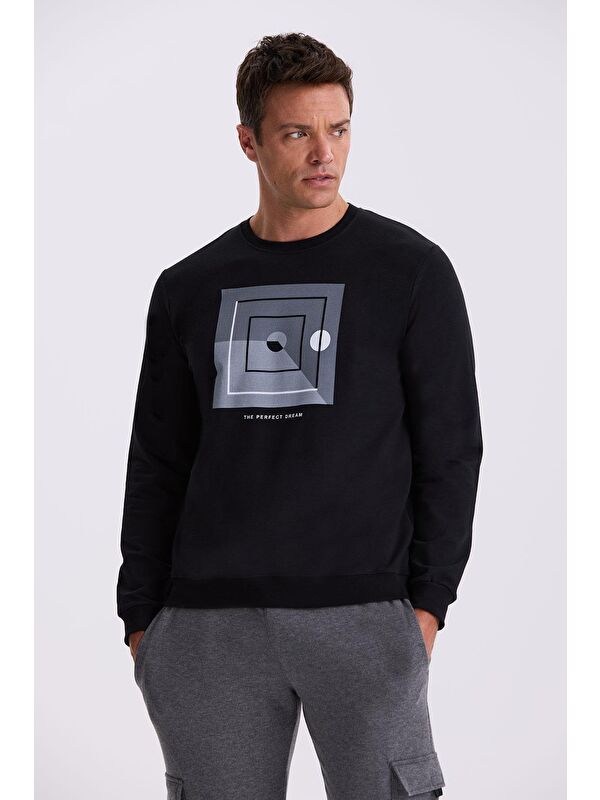 JAKAMEN Siyah Slim Fit Bisiklet Yaka Baskılı %100 Pamuk Sweatshirt