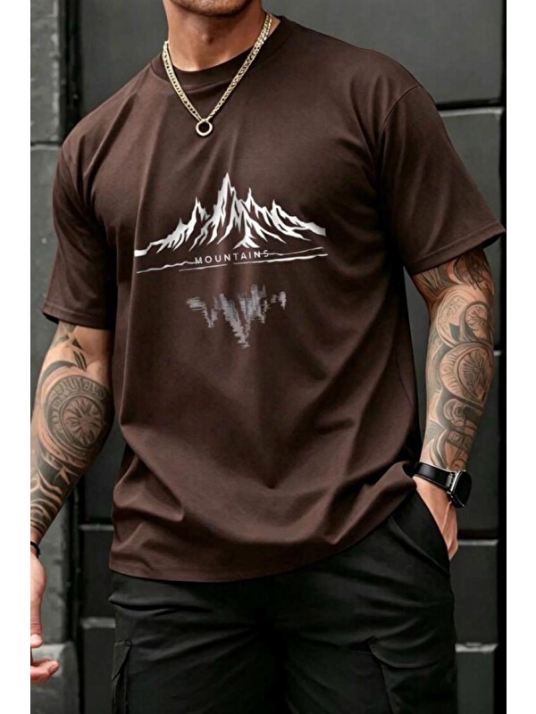Oksit Mountains Baskılı Bisiklet Yaka Pamuklu Erkek T-Shirt Rahat Kesim