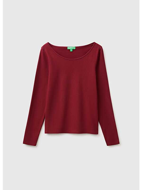 United Colors Of Benetton Kadın Mürdüm Pamuk Karışımlı Slim Fit Uzun Kollu T-Shirt