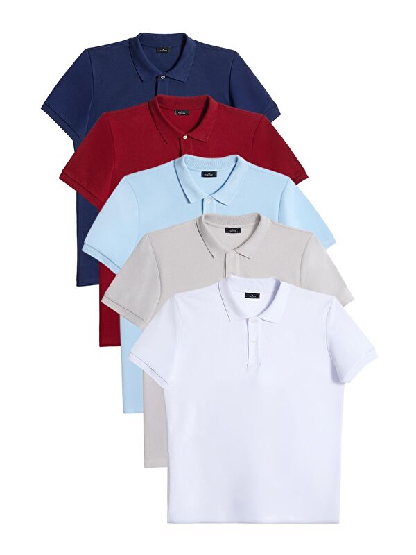 TUDORS Erkek 5'li Paket Bordo-Gri-Lacivert-Beyaz-Mavi Slim Fit Dar Kesim Pamuklu Düz Pike Polo Yaka Tişört