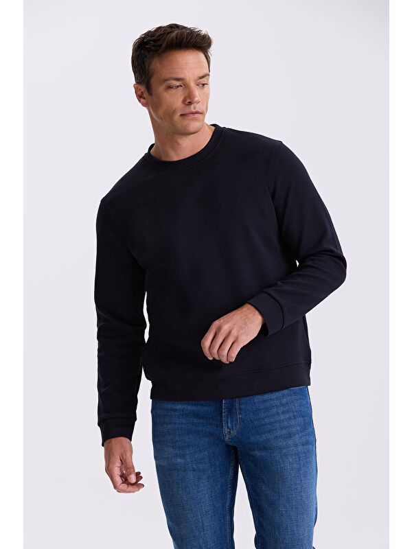 JAKAMEN Lacivert Slim Fit Bisiklet Yaka Basic Pamuklu Elastanlı Sweatshirt