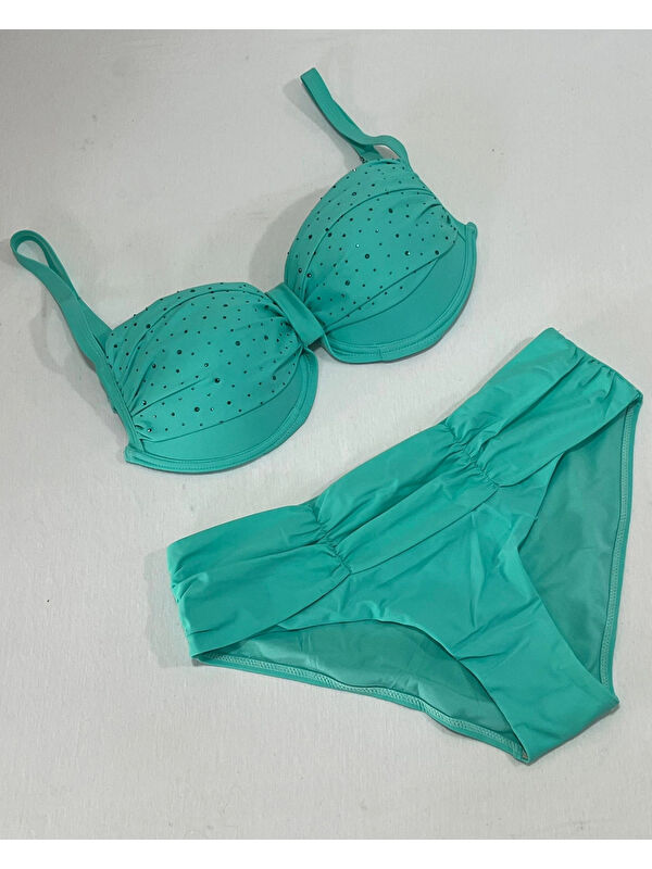Hazelin Kadın Turkuaz Taş İşlemeli Astarlı Büyük Beden Bikini Takımı HZL25S-LC01