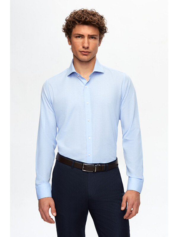 D'S damat Slim Fit Açık Mavi Klasik Kravatlık Uzun Kol Kolay Ütülenebilir Gömlek