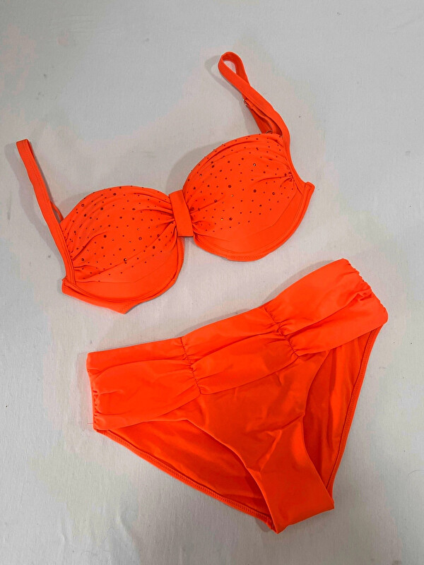 Hazelin Kadın Turuncu Taş İşlemeli Astarlı Büyük Beden Bikini Takımı HZL25S-LC01