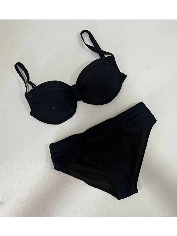 Hazelin Kadın Siyah Taş İşlemeli Astarlı Büyük Beden Bikini Takımı HZL25S-LC01