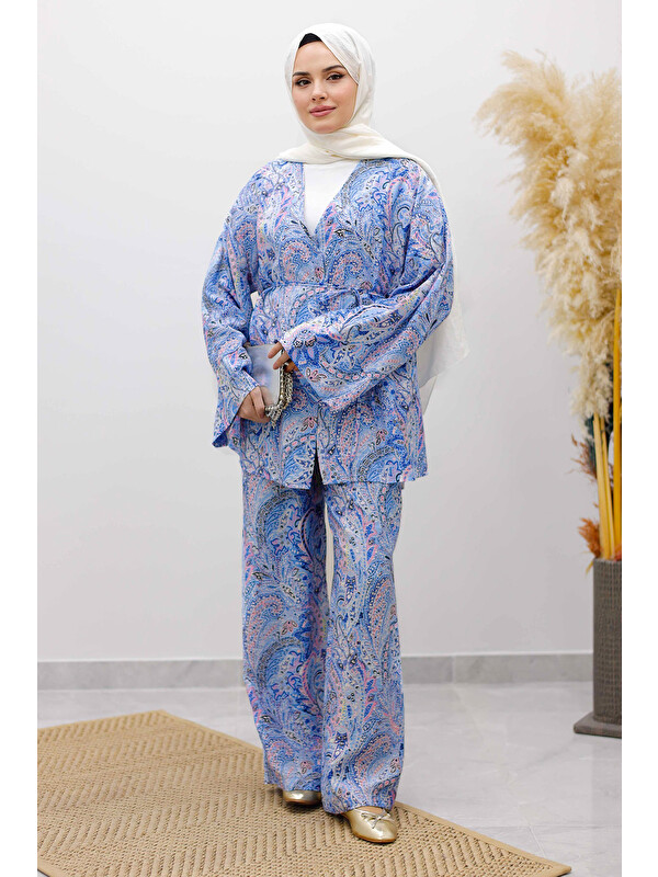 Tesettür Dünyası Beli İp Bağlamalı Kimono Takım TSD250265 Mavi