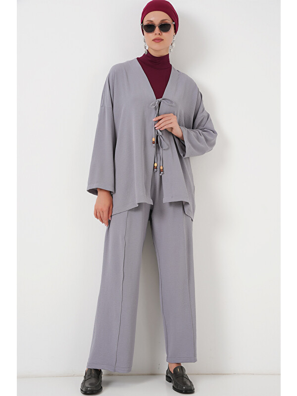 Bigdart Kadın Ayrobin Kimono Pantolon İkili Takım 6739 - Gri