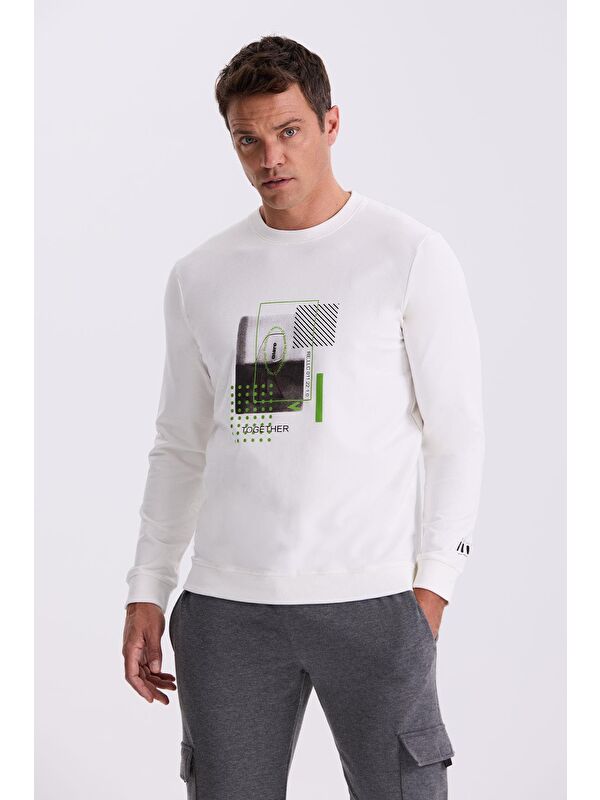 JAKAMEN Ekru Slim Fit Baskılı Bisiklet Yaka Dar Kesim Baskılı %100 Pamuk Sweatshirt