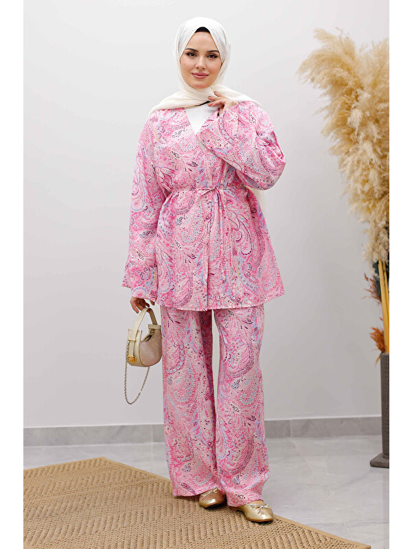 Tesettür Dünyası Beli İp Bağlamalı Kimono Takım TSD250265 Pembe