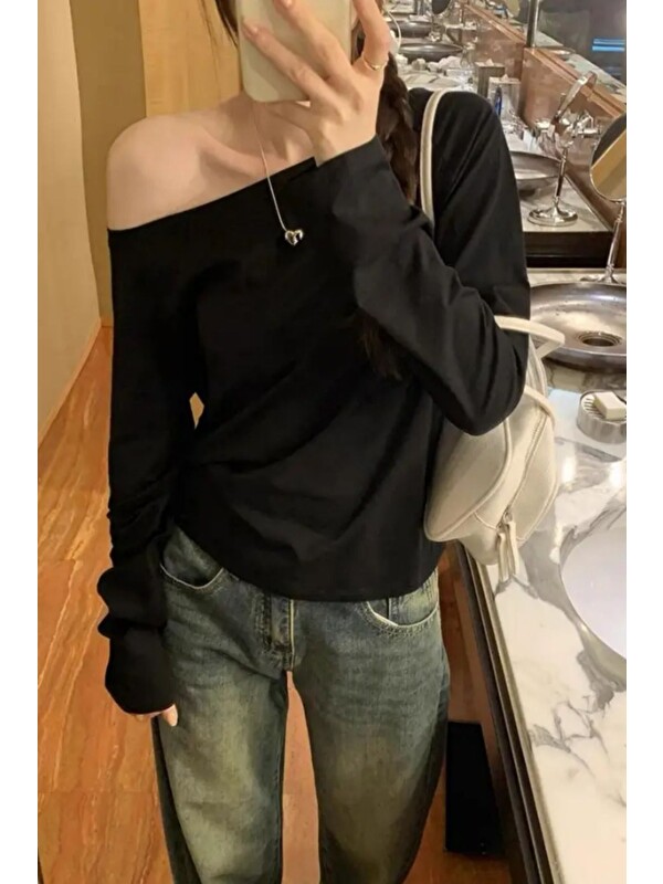 Tarz Cool Siyah Kadın Düşük Omuz Kayık Yaka Oversize Uzun Kollu T-Shirt