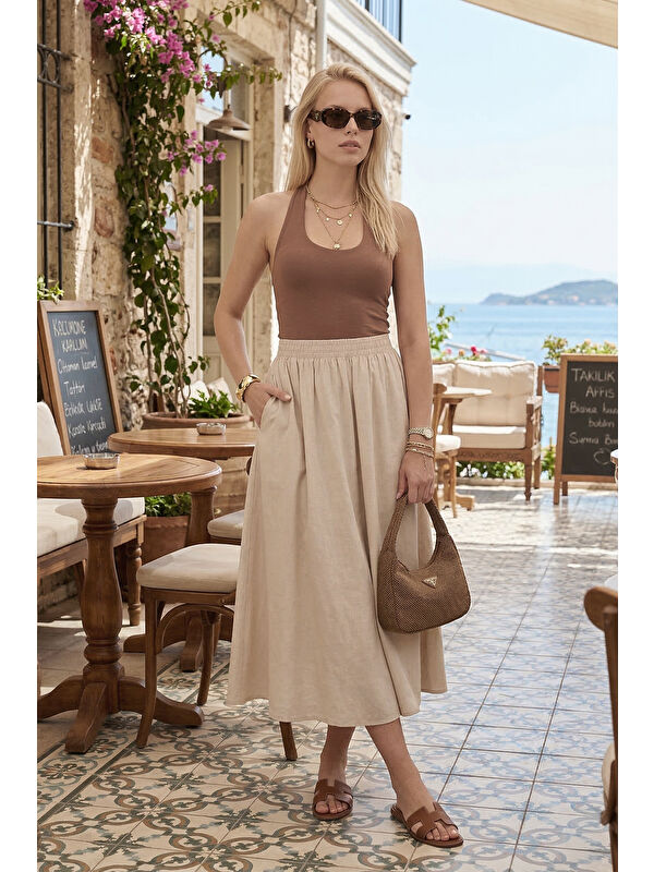 Lela Modest Pamuklu Relaxed Fit Lastikli Bel Tesettür Midi Etek 668YE4449