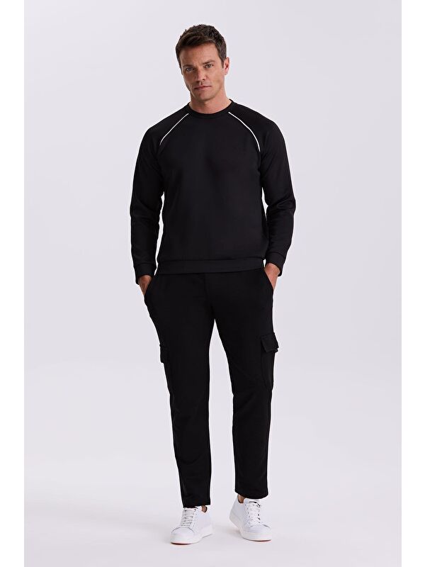 JAKAMEN Siyah Slim Fit Pamuk Karışımlı Bisiklet Yaka Sweatshirt