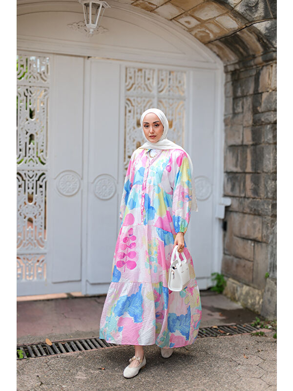 Locco Moda Kadın Yaprak Desen Elbise Beyaz