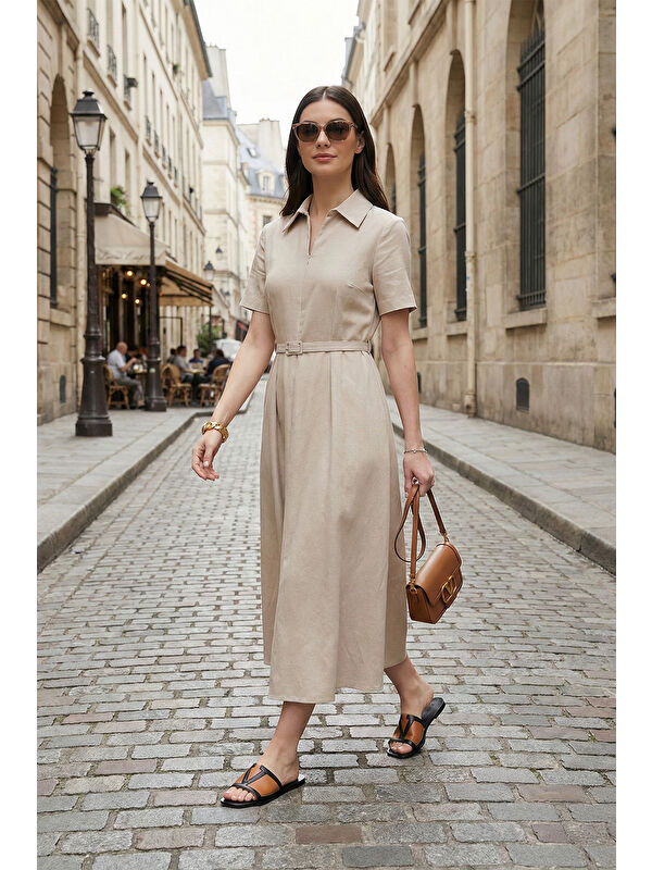 Lela Regular Fit Klasik Yaka Yırtmaçlı Kadın Midi Elbise 6922341