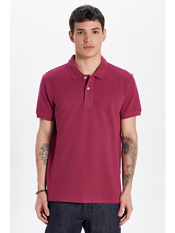 TUDORS Erkek Slim Fit Dar Kesim %100 Pamuk Fuşya Polo Yaka Tişört