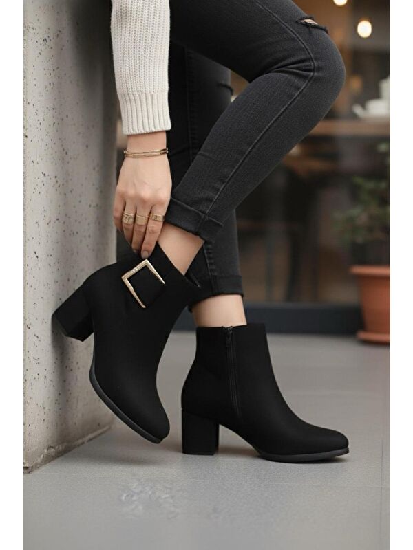 Kadın Atina Tokalı Siyah Süet Kısa Bot - Görsel 4