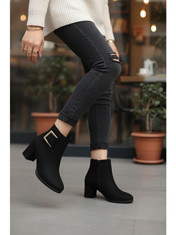 Kadın Atina Tokalı Siyah Süet Kısa Bot - Görsel 5