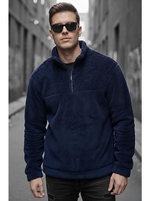 Oksit Jaky Slim Fit Pelüş Yarım Tam Fermuarlı Dik Yaka Kalın Erkek Sweatshirt Polar