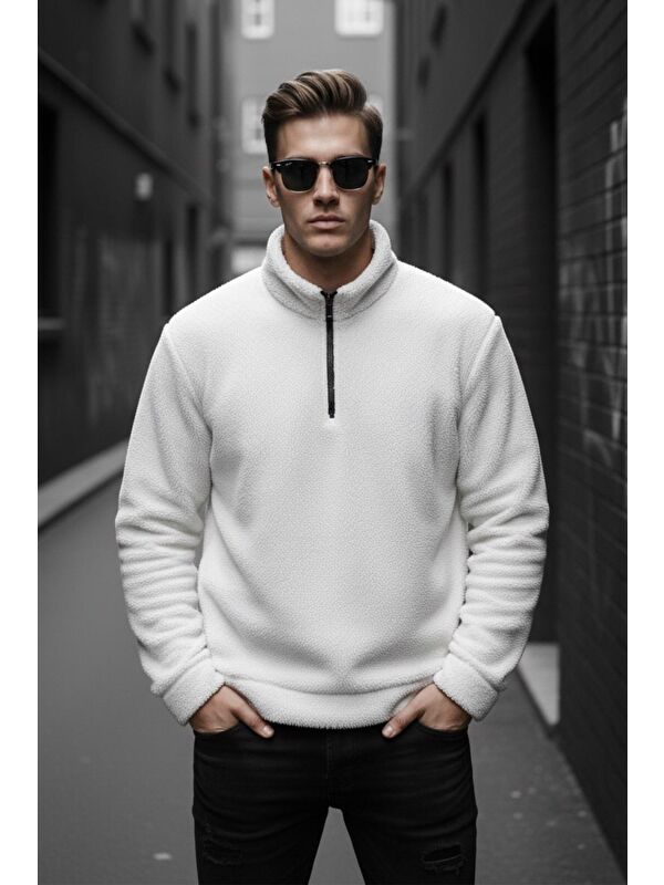 Oksit Jaky Slim Fit Pelüş Yarım Tam Fermuarlı Dik Yaka Kalın Erkek Sweatshirt Polar
