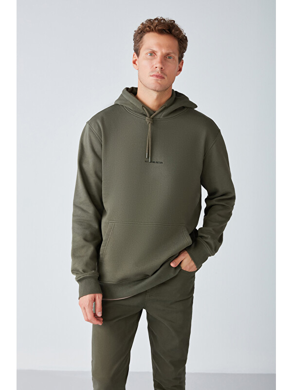 GRIMELANGE EPIC Erkek Organik Pamuklu Yumuşacık Nakış Detaylı Kapüşonlu Kordonlu Regular HAKİ Sweatshirt