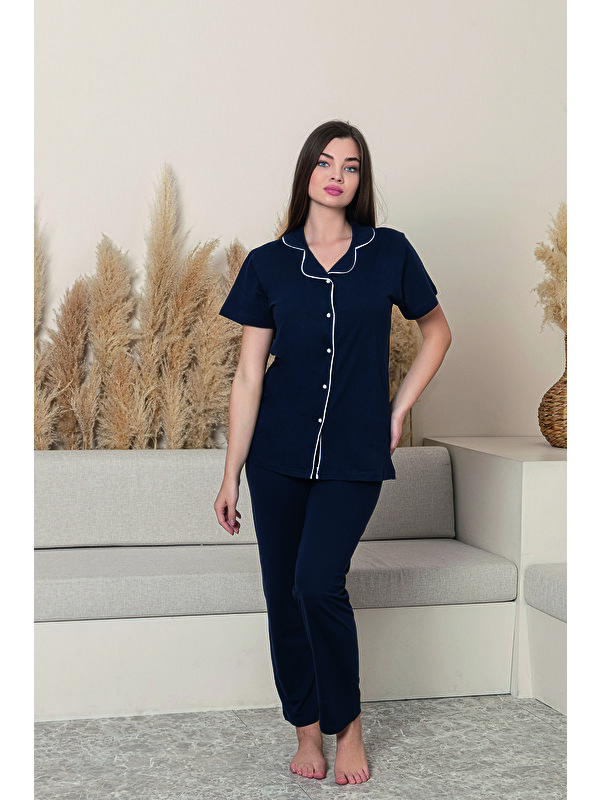Formo Kadın %100 Pamuk Biyeli Yüksek Kaliteli Gömlek Yaka Düğmeli Kısa Kollu Battal Pijama Takımı