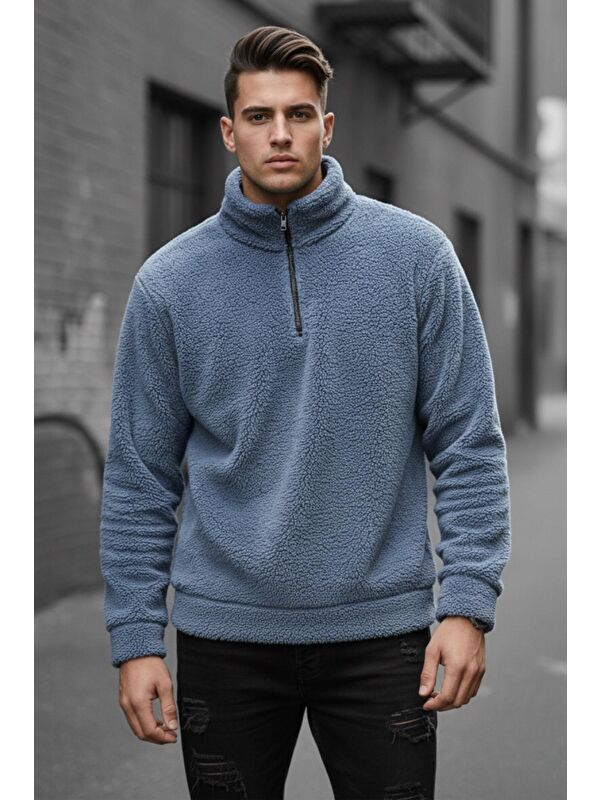 Oksit Jaky Slim Fit Pelüş Yarım Tam Fermuarlı Dik Yaka Kalın Erkek Sweatshirt Polar