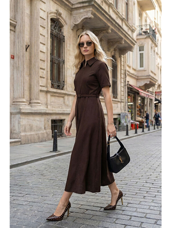 Lela Regular Fit Klasik Yaka Yırtmaçlı Kadın Midi Elbise 6922341