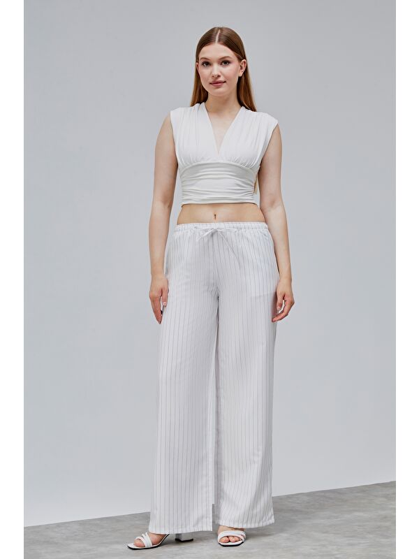 Genius Store Kadın Pantolon Geniş Paça Yüksel Bel Cepli Çizgili Pantolon ÇİZGİLİ-PANTOLON