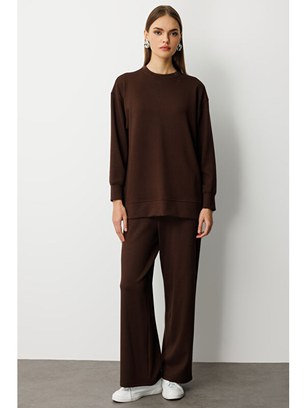 Mizalle Çıtçıtlı Yumuşak Dokulu Kahverengi Spor Tunik