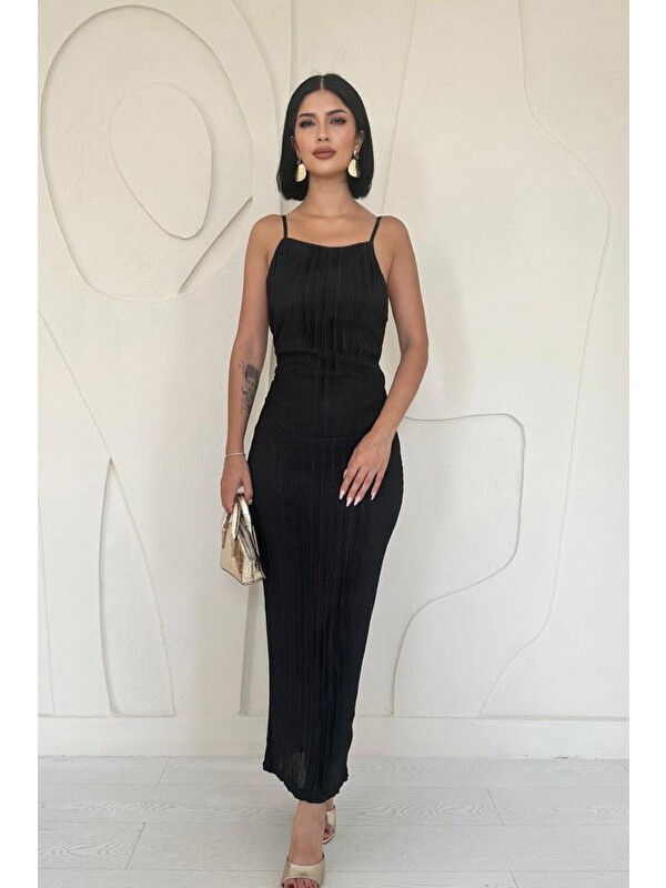 Jane's Siyah Piliseli Halter Boyun Elbise