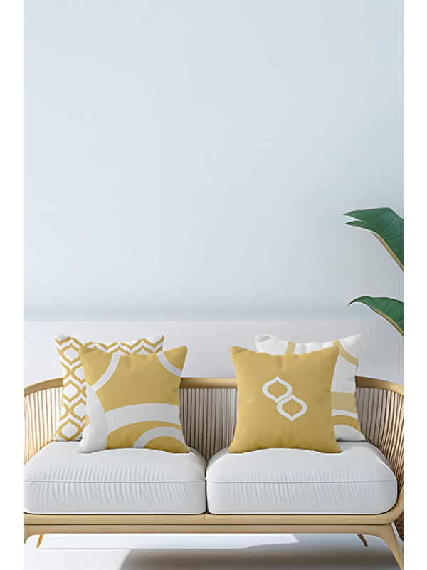 Asdiva Optica Modern Geometrik Desenli 4’lü Kırlent Kılıfı Seti Sarı-Beyaz