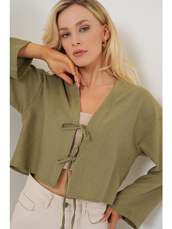 Bigdart Önü Bağlamalı Keten Kimono 960 - Çağla