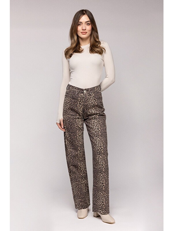 Saade Siyah Kadın Leopar Desenli Yüksek Bel Wide Leg Jean Pantolon - Wild Look