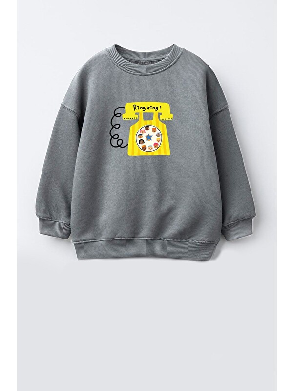 Monila Unisex Çocuk Telefon Baskılı 3 İplik Kumaş Pamuklu Sweatshirt