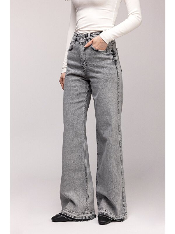 Saade Gri Kadın Yüksek Bel Wide Leg Jean Pantolon - Paça Detaylı